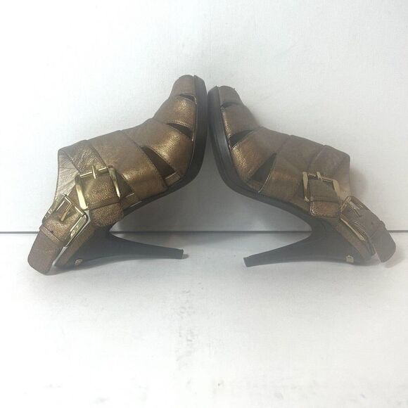 Michael Kors Womens Sz 6M Bronze Leather Peep Toe Wrap Stiletto Heels Sling Back - Picture 4 of 10